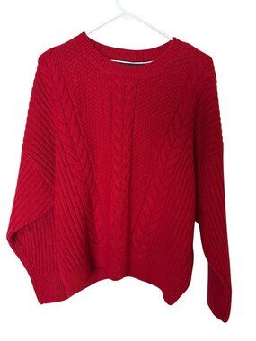 Tommy Hilfiger Red Cable Knit Crewneck Ribbed Sleeves Sweater Size L